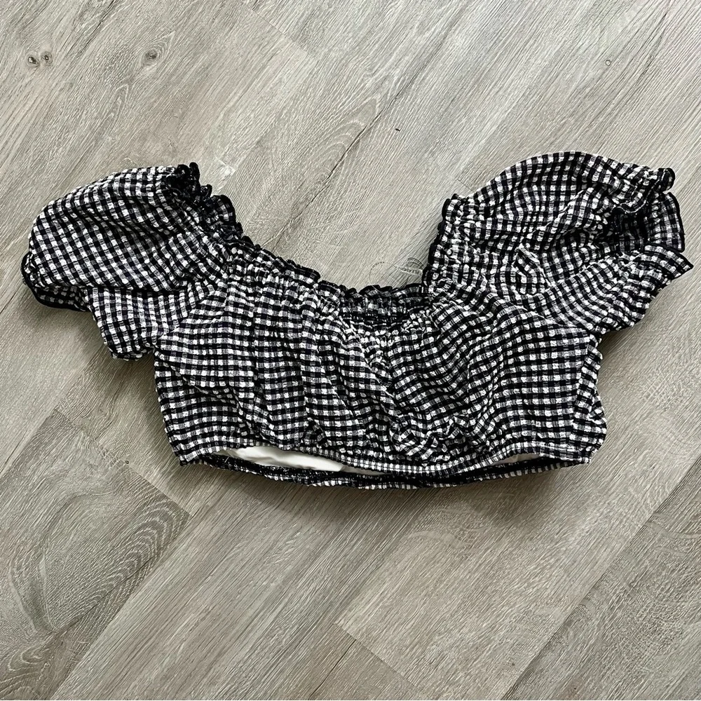 NWT Kate Spade Off The Shoulder Bikini Top Gingham Black White Padded Bandeau M - Picture 4 of 10